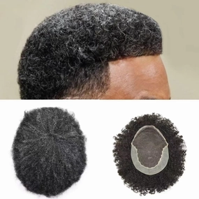 Afro Curl Toupee for Black Men Human Hair Swiss Lace Gray Hair Units for Black Men Hair System Bleached Knot Natural Hairline African American Hairpiece #1B10 Off Black 10% GREY 8X10-6MM Afro Wave
