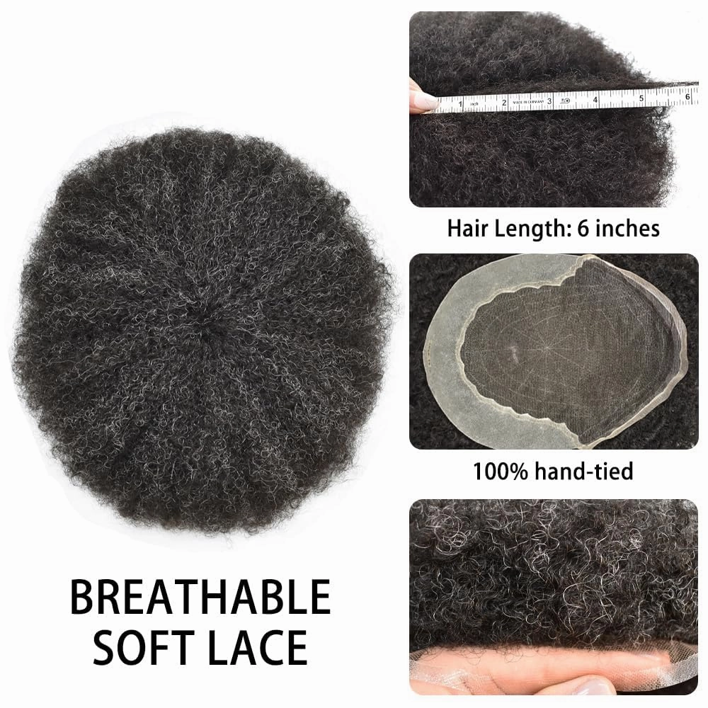 Afro Curl Toupee for Black Men Human Hair Swiss Lace Gray Hair Units for Black Men Hair System Bleached Knot Natural Hairline African American Hairpiece #1B10 Off Black 10% GREY 8X10-6MM Afro Wave