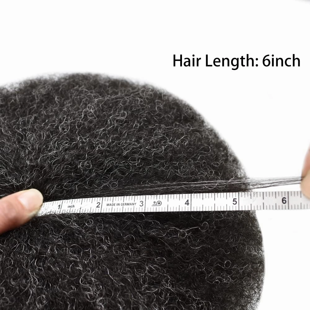 Afro Curl Toupee for Black Men Human Hair Swiss Lace Gray Hair Units for Black Men Hair System Bleached Knot Natural Hairline African American Hairpiece #1B10 Off Black 10% GREY 8X10-6MM Afro Wave