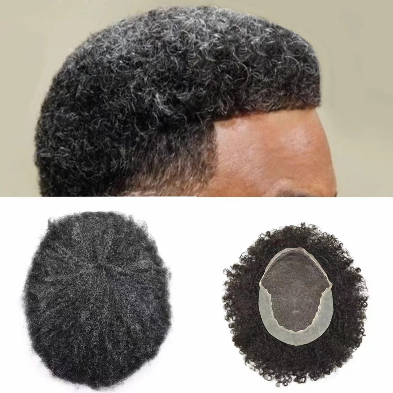 Afro Curl Toupee for Black Men Human Hair Swiss Lace Gray Hair Units for Black Men Hair System Bleached Knot Natural Hairline African American Hairpiece #1B10 Off Black 10% GREY 8X10-6MM Afro Wave