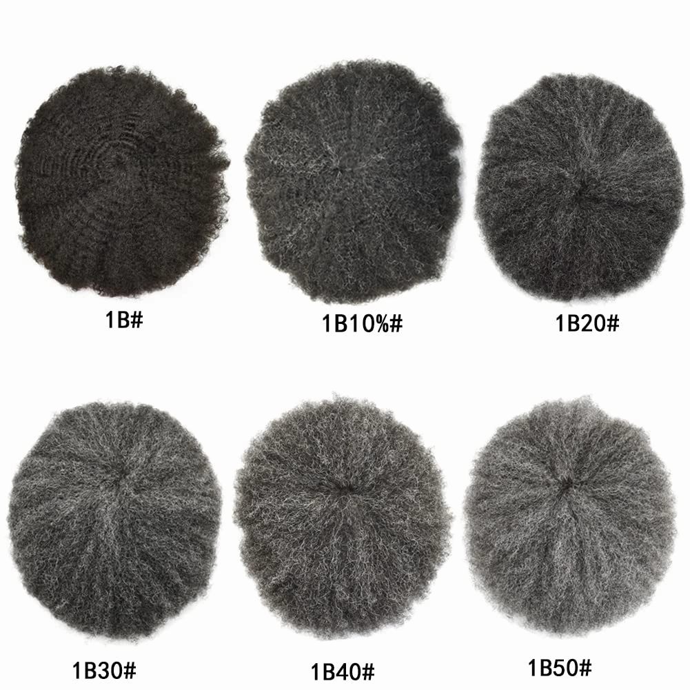Afro Curl Toupee for Black Men Human Hair Swiss Lace Gray Hair Units for Black Men Hair System Bleached Knot Natural Hairline African American Hairpiece #1B10 Off Black 10% GREY 8X10-6MM Afro Wave