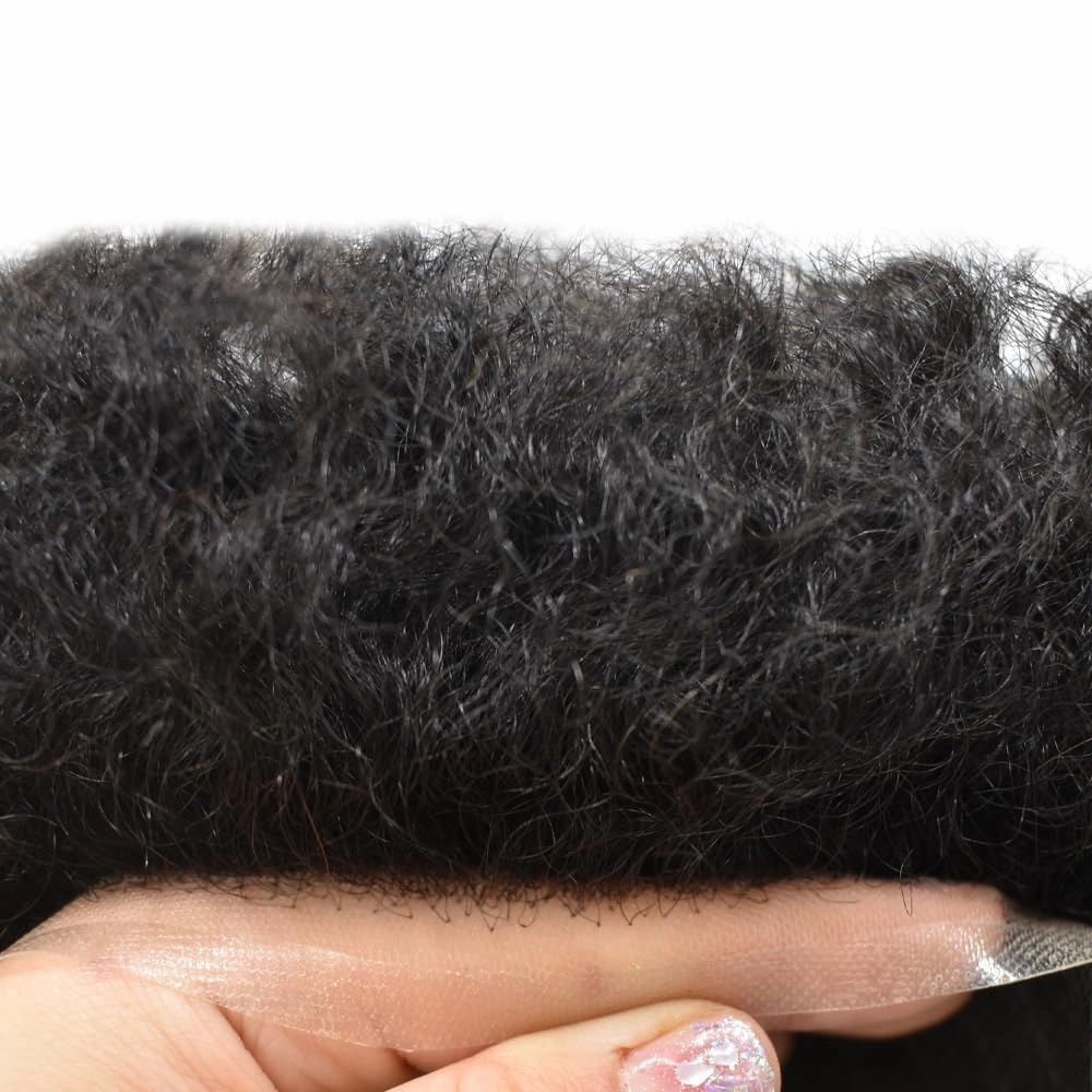 Afro Curl Toupee for Black Men Human Hair Swiss Lace Gray Hair Units for Black Men Hair System Bleached Knot Natural Hairline African American Hairpiece #1B10 Off Black 10% GREY 8X10-6MM Afro Wave