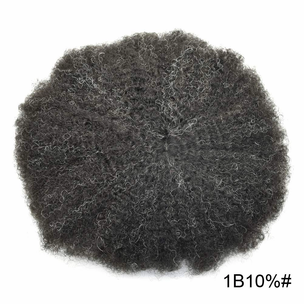 Afro Curl Toupee for Black Men Human Hair Swiss Lace Gray Hair Units for Black Men Hair System Bleached Knot Natural Hairline African American Hairpiece #1B10 Off Black 10% GREY 8X10-6MM Afro Wave
