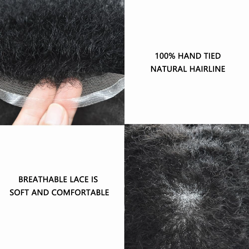Afro Curl Toupee for Black Men Human Hair Swiss Lace Hair Units for Black Men Hair System Bleached Knot Natural Hairline African American Hairpiece #1 Jet Black 8X10-6MM Afro Wave