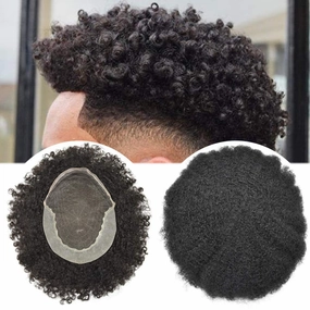 Afro Curl Toupee for Black Men Human Hair Swiss Lace Hair Units for Black Men Hair System Bleached Knot Natural Hairline African American Hairpiece #1 Jet Black 8X10-6MM Afro Wave