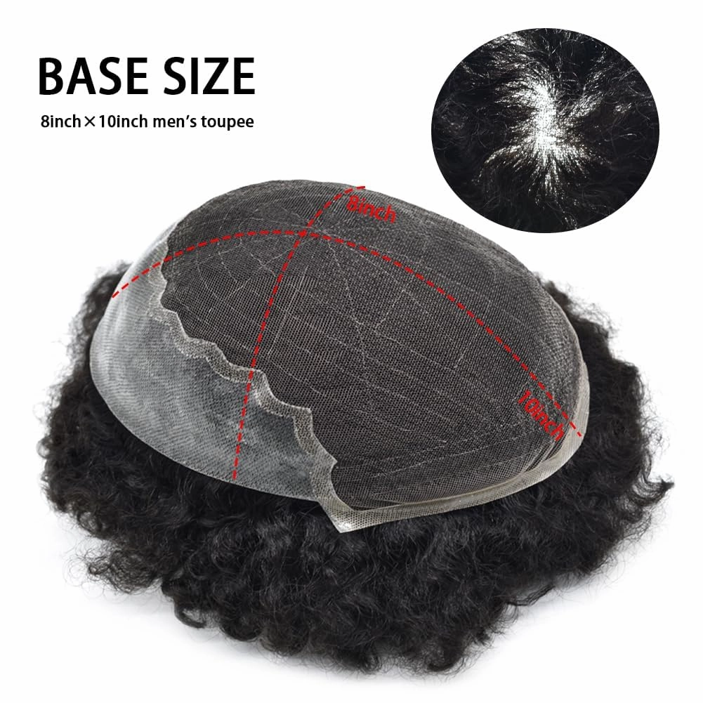Afro Curl Toupee for Black Men Human Hair Swiss Lace Hair Units for Black Men Hair System Bleached Knot Natural Hairline African American Hairpiece #1 Jet Black 8X10-6MM Afro Wave