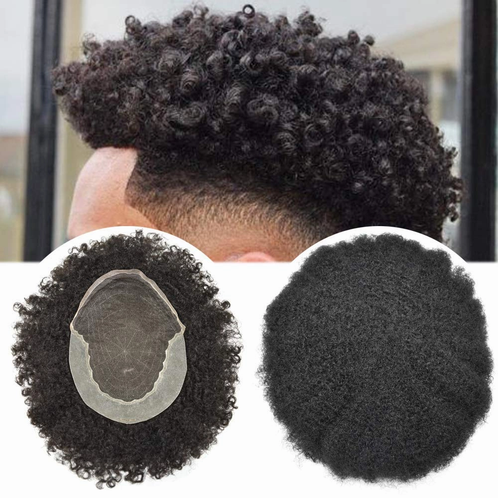 Afro Curl Toupee for Black Men Human Hair Swiss Lace Hair Units for Black Men Hair System Bleached Knot Natural Hairline African American Hairpiece #1 Jet Black 8X10-6MM Afro Wave