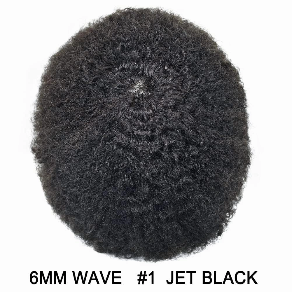 Afro Curl Toupee for Black Men Human Hair Swiss Lace Hair Units for Black Men Hair System Bleached Knot Natural Hairline African American Hairpiece #1 Jet Black 8X10-6MM Afro Wave