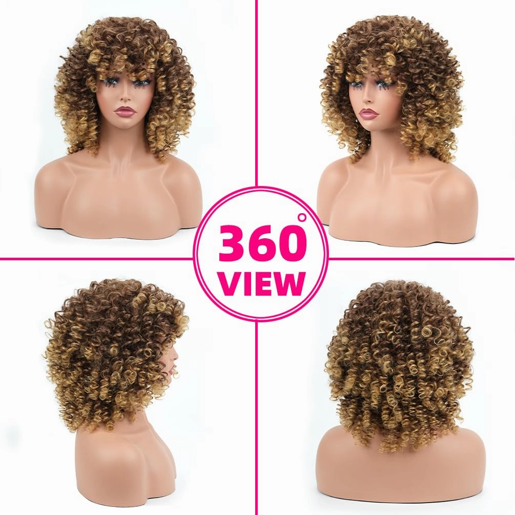 Afro Curly Wig with Bangs 14 Inches Short Kinky Curly Wigs Synthetic Full Wigs for Black Women for Cosplay and Daily Brown Gradient Gold T2733