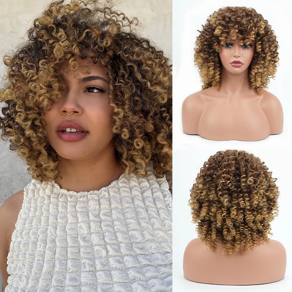 Afro Curly Wig with Bangs 14 Inches Short Kinky Curly Wigs Synthetic Full Wigs for Black Women for Cosplay and Daily Brown Gradient Gold T2733