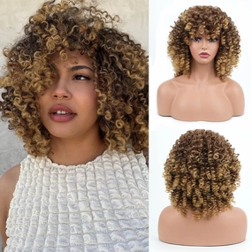 Afro Curly Wig with Bangs 14 Inches Short Kinky Curly Wigs Synthetic Full Wigs for Black Women for Cosplay and Daily Brown Gradient Gold T2733