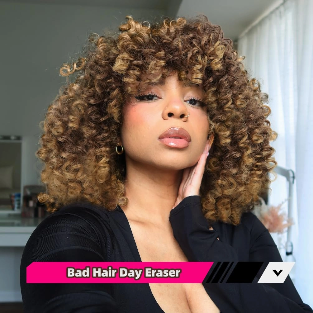Afro Curly Wig with Bangs 14 Inches Short Kinky Curly Wigs Synthetic Full Wigs for Black Women for Cosplay and Daily Brown Gradient Gold T2733