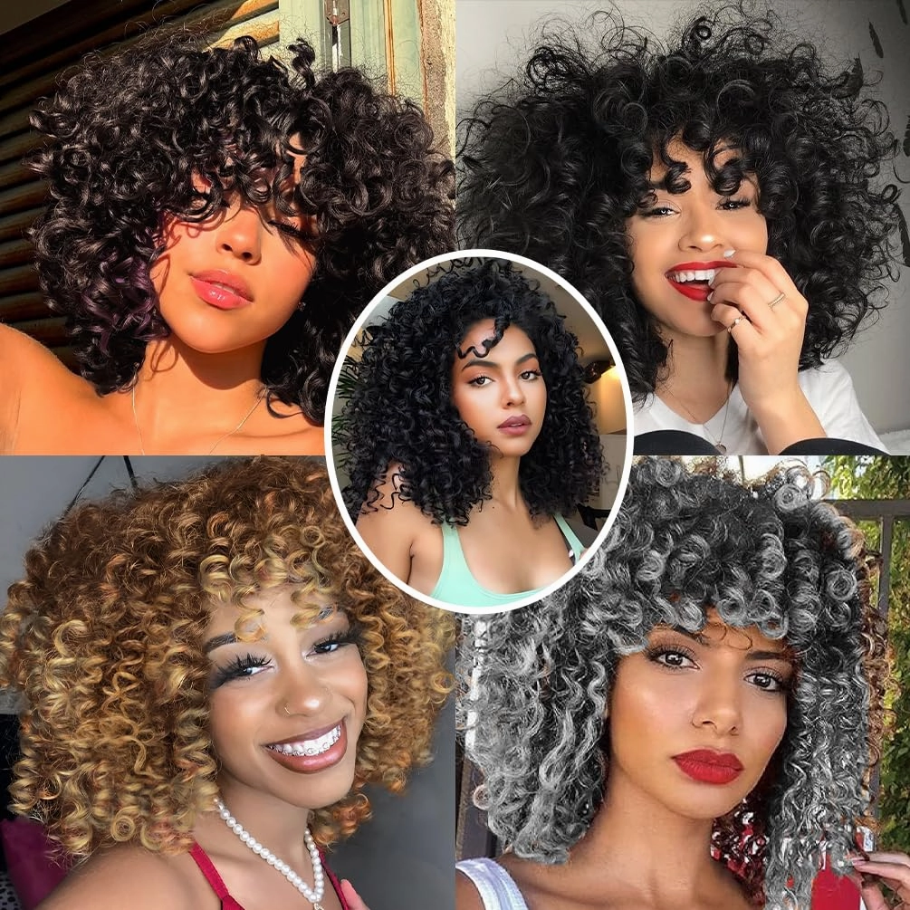 Afro Curly Wig with Bangs 14 Inches Short Kinky Curly Wigs Synthetic Full Wigs for Black Women for Cosplay and Daily Brown Gradient Gold T2733