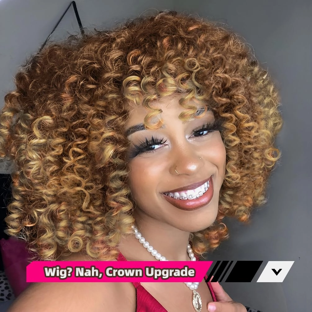 Afro Curly Wig with Bangs 14 Inches Short Kinky Curly Wigs Synthetic Full Wigs for Black Women for Cosplay and Daily Brown Gradient Gold T2733