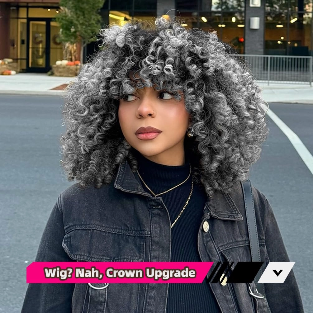 Afro Curly Wig with Bangs 14 Inches Short Kinky Curly Wigs Synthetic Full Wigs for Black Women for Cosplay and Daily Gradient Gray R20906