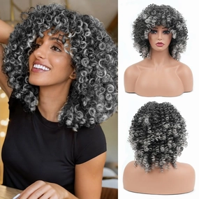 Afro Curly Wig with Bangs 14 Inches Short Kinky Curly Wigs Synthetic Full Wigs for Black Women for Cosplay and Daily Gradient Gray R20906