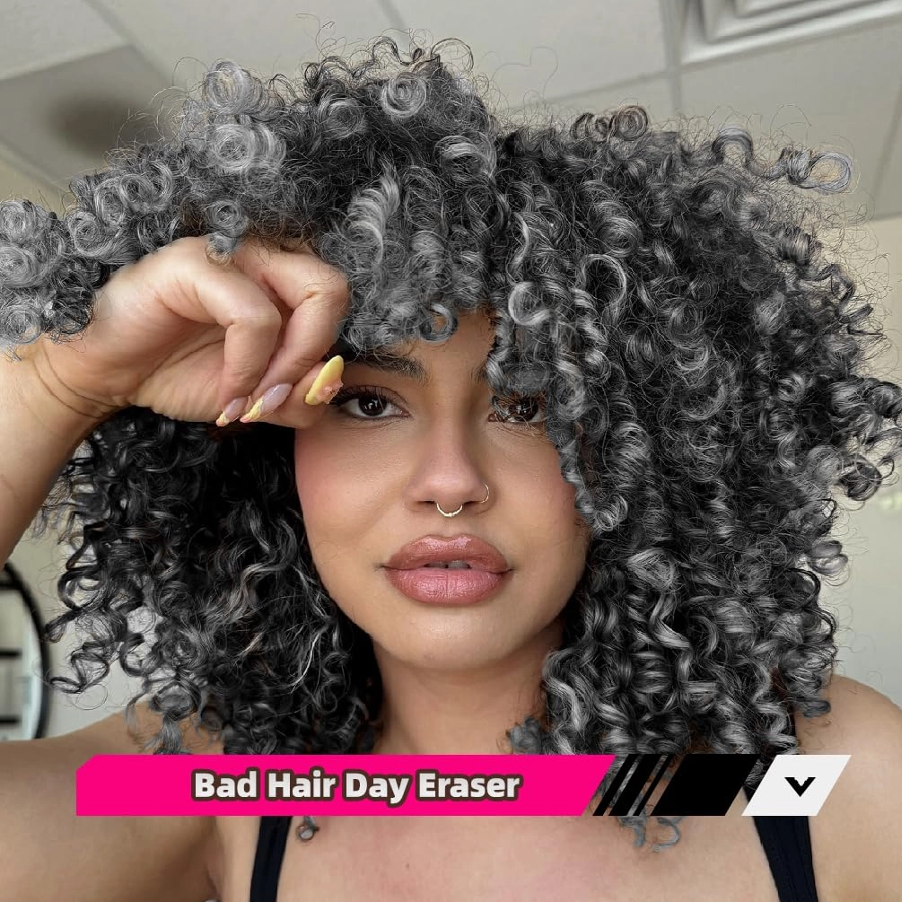 Afro Curly Wig with Bangs 14 Inches Short Kinky Curly Wigs Synthetic Full Wigs for Black Women for Cosplay and Daily Gradient Gray R20906
