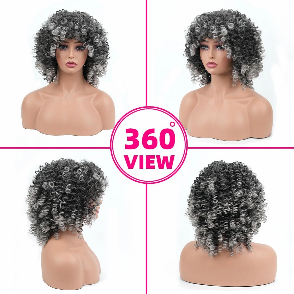 Afro Curly Wig with Bangs 14 Inches Short Kinky Curly Wigs Synthetic Full Wigs for Black Women for Cosplay and Daily Gradient Gray R20906