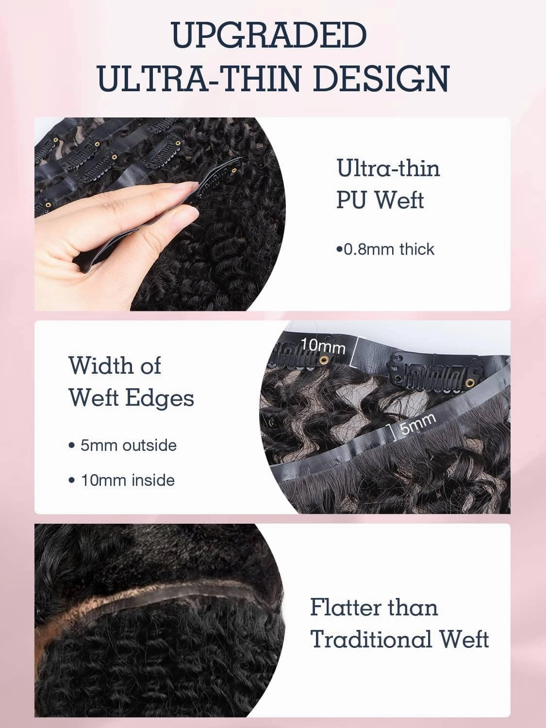 Afro Kinky Curly Clip-in Hair Extensions - Seamless, Human Hair, 20 Inch 110g Natural Black, Ultra-thin 0.8mm PU Weft