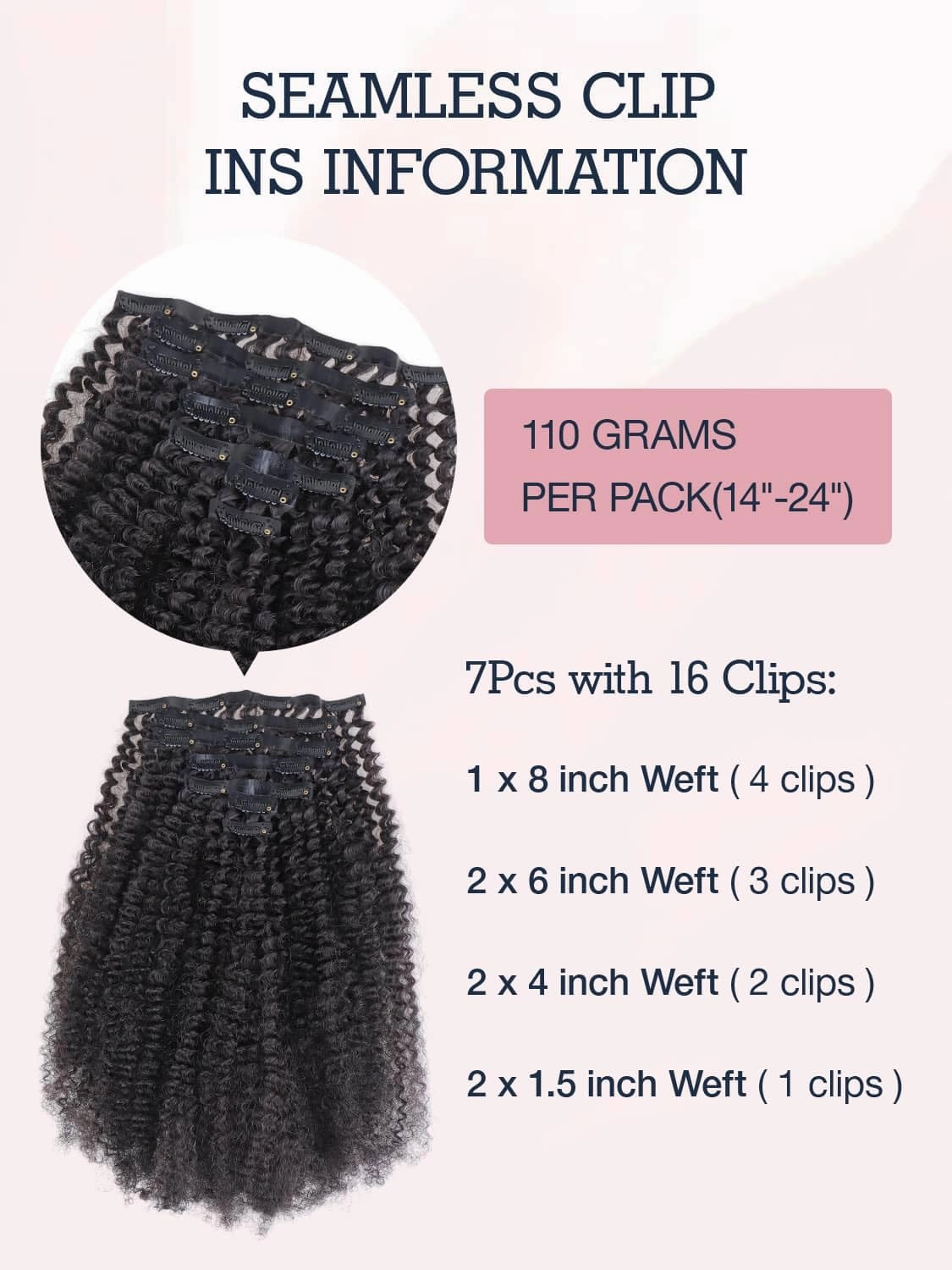 Afro Kinky Curly Clip-in Hair Extensions - Seamless, Human Hair, 20 Inch 110g Natural Black, Ultra-thin 0.8mm PU Weft