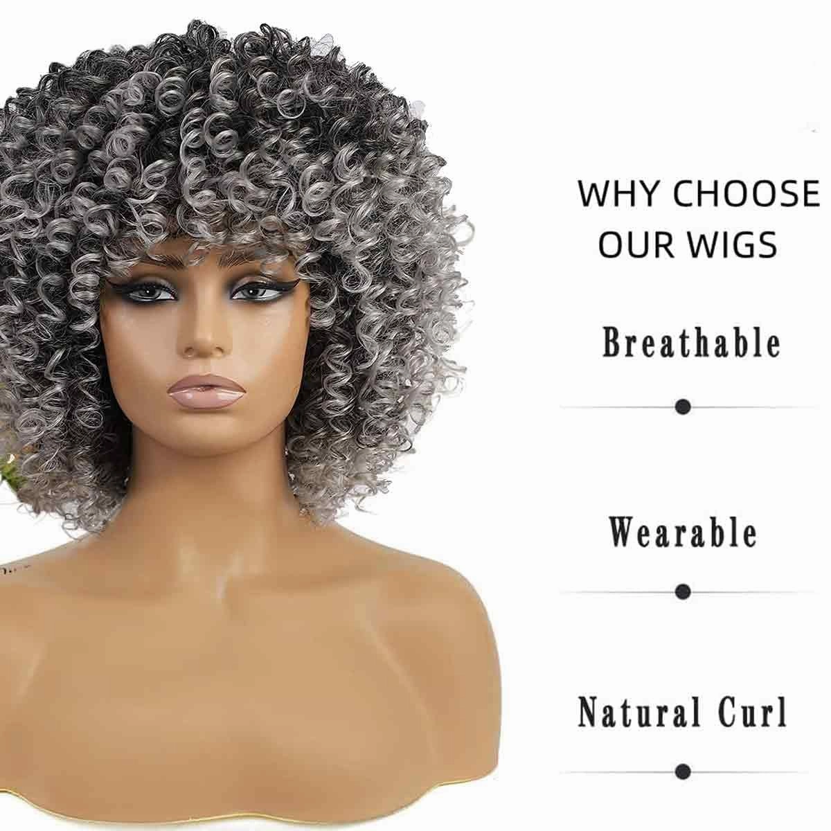 Afro Short Curly Gray Wigs for Black Women,Kinky Ombre Grey Wig With Bangs Synthetic Heat Resistant Hair for Daily Use