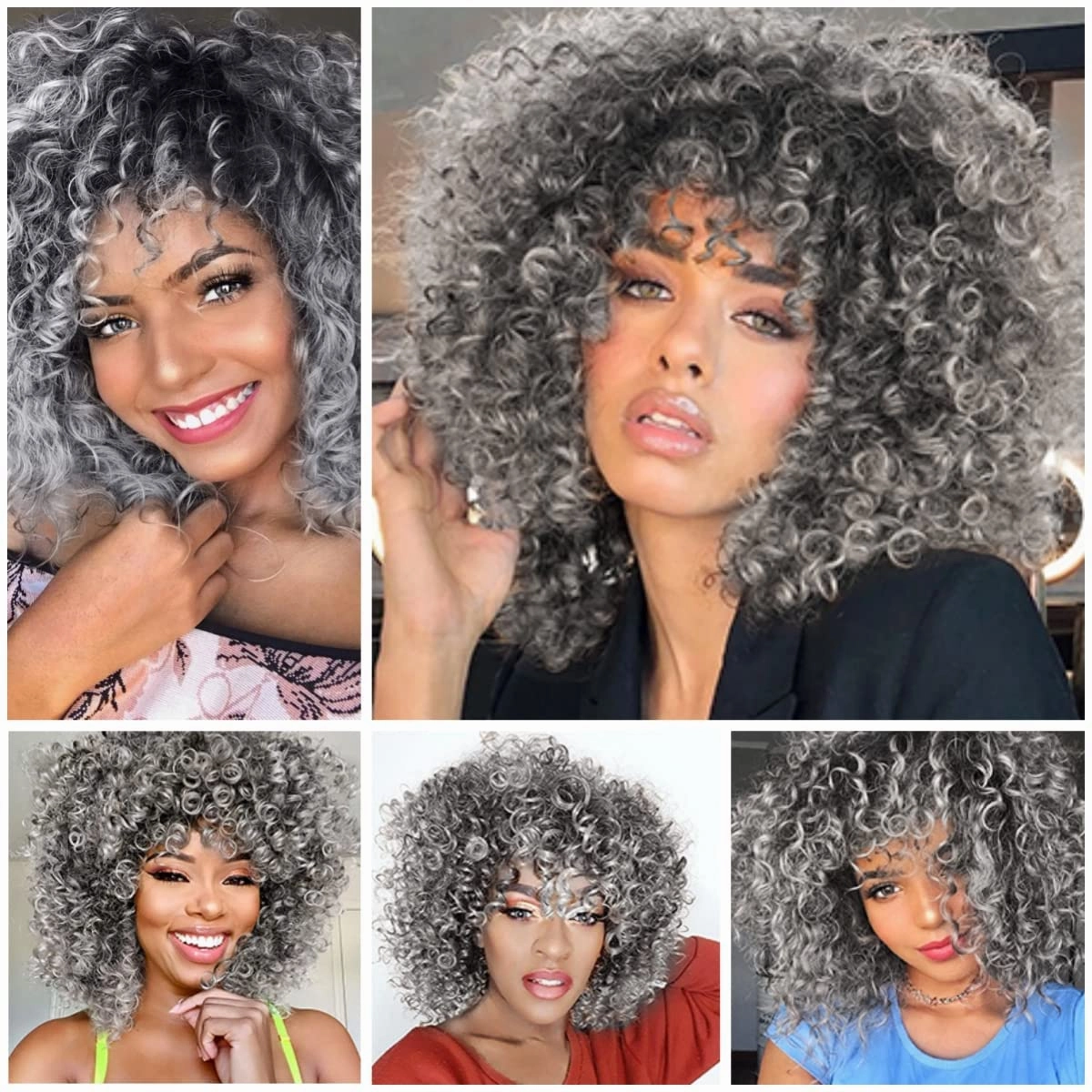 Afro Short Curly Gray Wigs for Black Women,Kinky Ombre Grey Wig With Bangs Synthetic Heat Resistant Hair for Daily Use