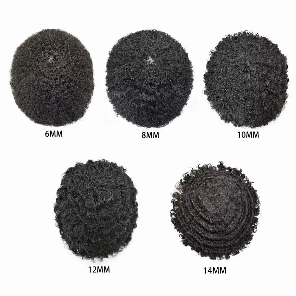 Afro Toupee for Black Men Curly Afro Wave Male Hairpiece Thin Skin PU Black Mens Toupee Human Hair Replacement African American Black Men Hair Units 8"×10" 8mm Afro Wave, 1B# Off Black