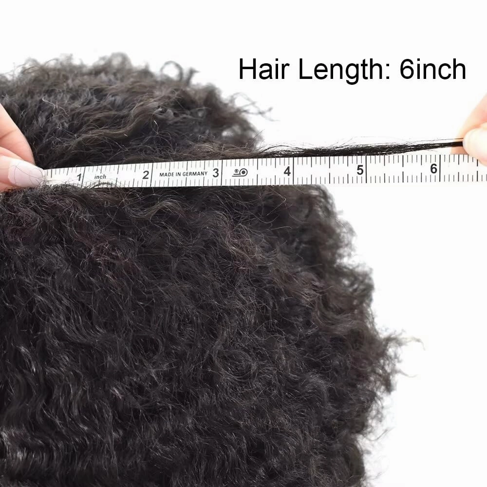 Afro Toupee for Black Men Curly Afro Wave Male Hairpiece Thin Skin PU Black Mens Toupee Human Hair Replacement African American Black Men Hair Units 8"×10" 8mm Afro Wave, 1B# Off Black