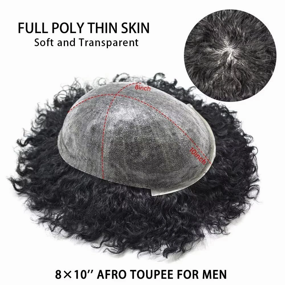 Afro Toupee for Black Men Curly Afro Wave Male Hairpiece Thin Skin PU Black Mens Toupee Human Hair Replacement African American Black Men Hair Units 8"×10" 8mm Afro Wave, 1B# Off Black