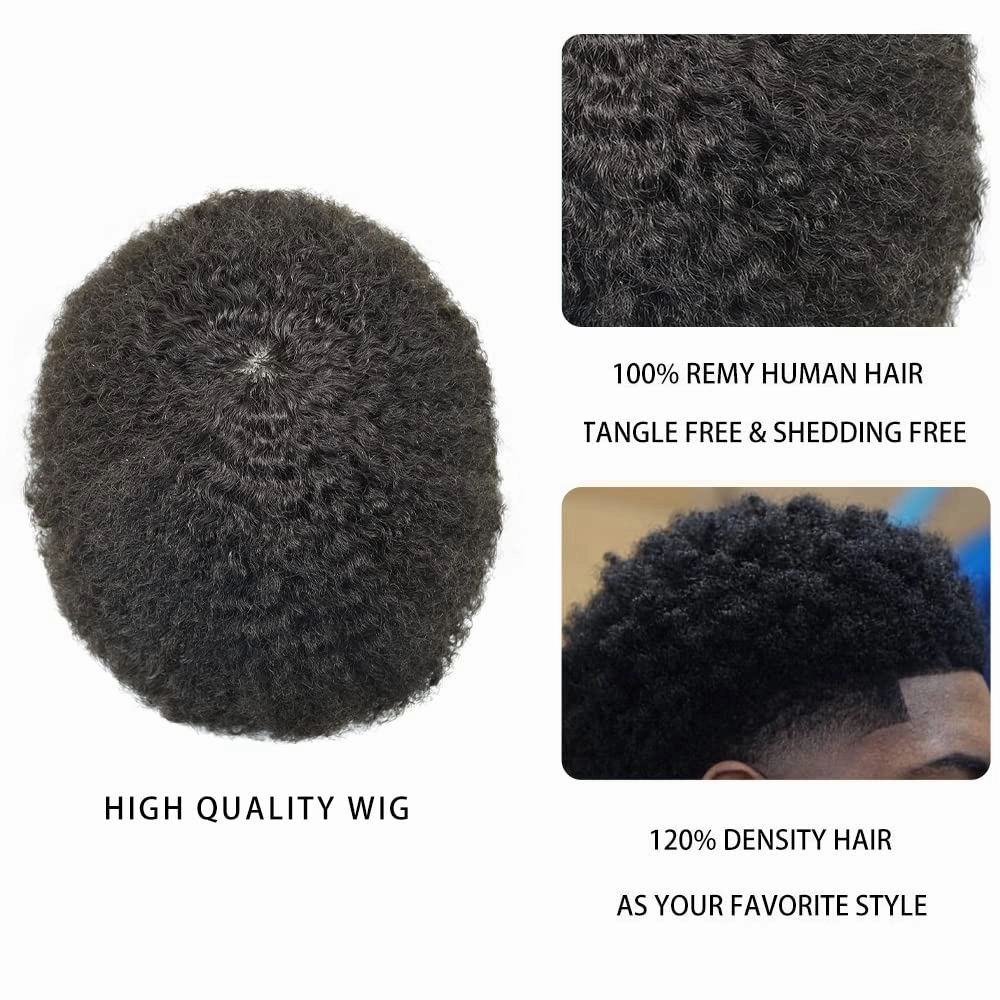 Afro Toupee for Black Men Curly Afro Wave Male Hairpiece Thin Skin PU Black Mens Toupee Human Hair Replacement African American Black Men Hair Units 8"×10" 8mm Afro Wave, 1B# Off Black