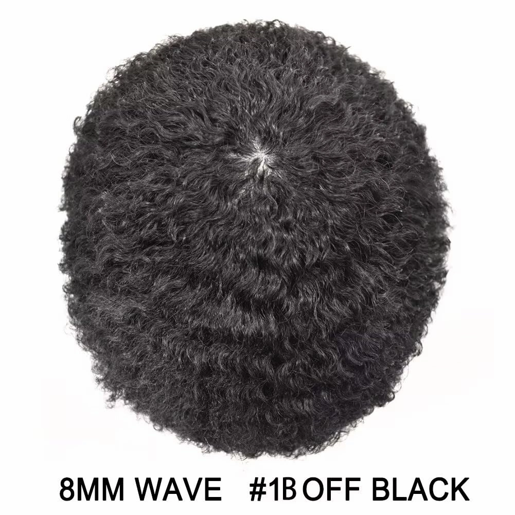 Afro Toupee for Black Men Curly Afro Wave Male Hairpiece Thin Skin PU Black Mens Toupee Human Hair Replacement African American Black Men Hair Units 8"×10" 8mm Afro Wave, 1B# Off Black
