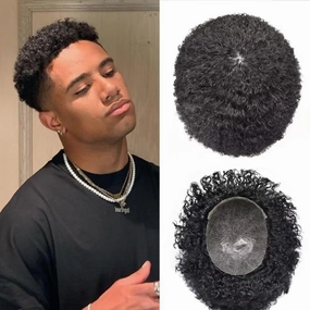Afro Toupee for Black Men Curly Afro Wave Male Hairpiece Thin Skin PU Black Mens Toupee Human Hair Replacement African American Black Men Hair Units 8"×10" 8mm Afro Wave, 1B# Off Black