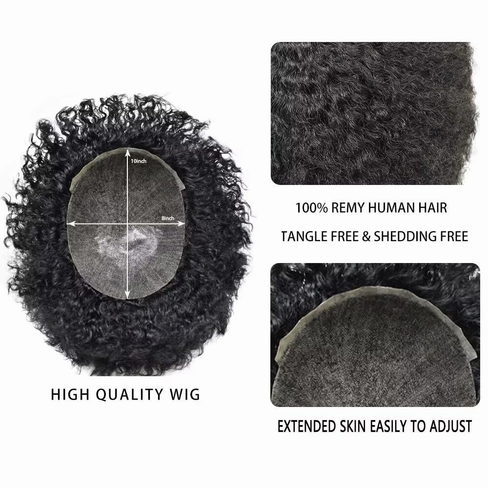 Afro Toupee for Black Men Curly Afro Wave Male Hairpiece Thin Skin PU Black Mens Toupee Human Hair Replacement African American Black Men Hair Units 8"×10" 8mm Afro Wave, 1B# Off Black