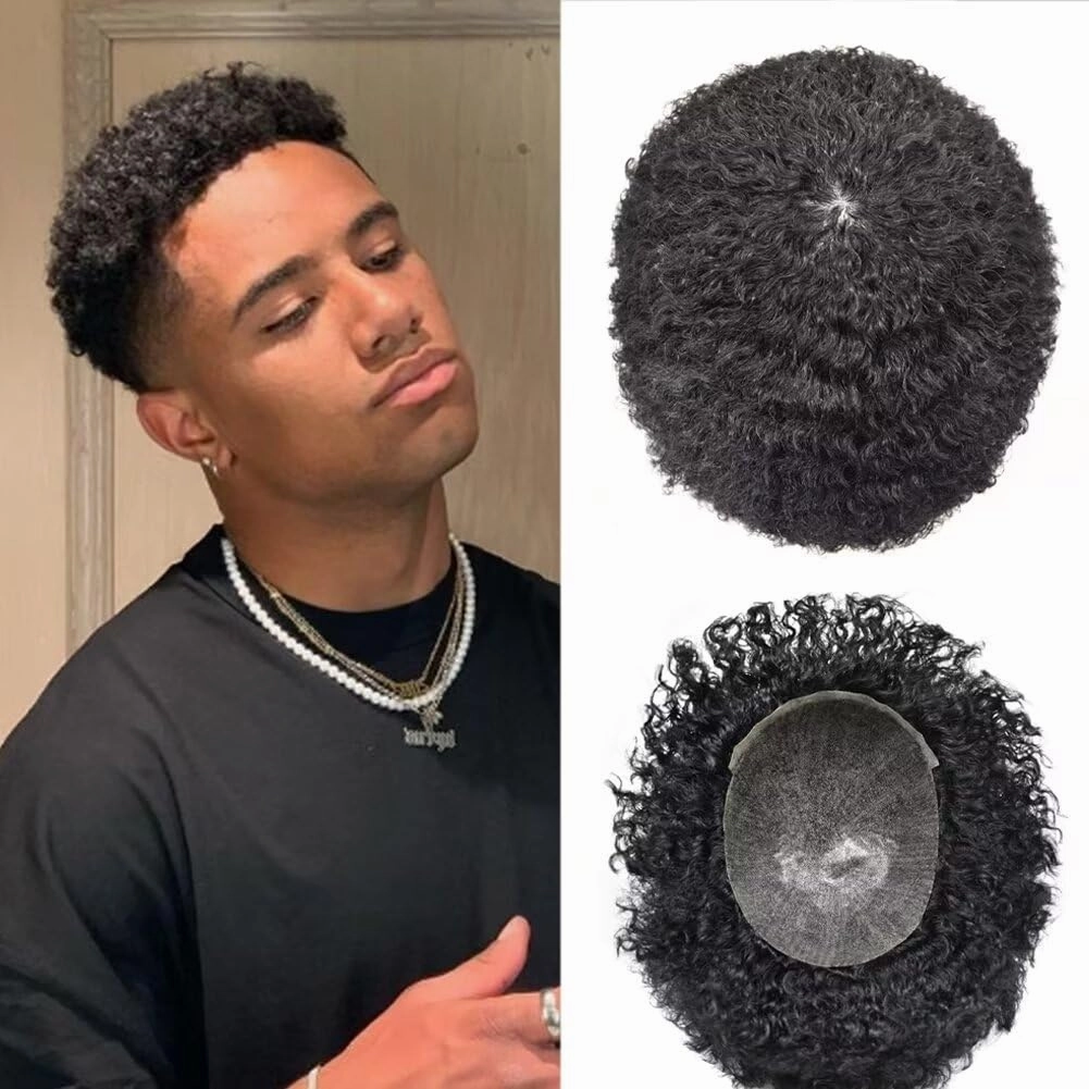 Afro Toupee for Black Men Curly Afro Wave Male Hairpiece Thin Skin PU Black Mens Toupee Human Hair Replacement African American Black Men Hair Units 8"×10" 8mm Afro Wave, 1B# Off Black