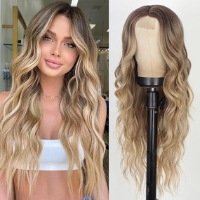 AISI QUEENS Long Blonde Wigs for Women, Ombre Blonde Curly Wavy Wigs, Synthetic Heat Resistant Fiber Wigs Hair Replacement Wigs for Daily Party Use 24 Inch