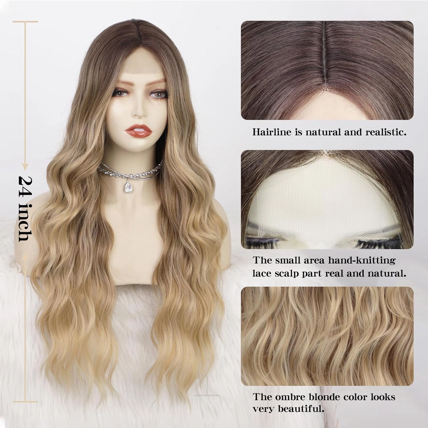 AISI QUEENS Long Blonde Wigs for Women, Ombre Blonde Curly Wavy Wigs, Synthetic Heat Resistant Fiber Wigs Hair Replacement Wigs for Daily Party Use 24 Inch