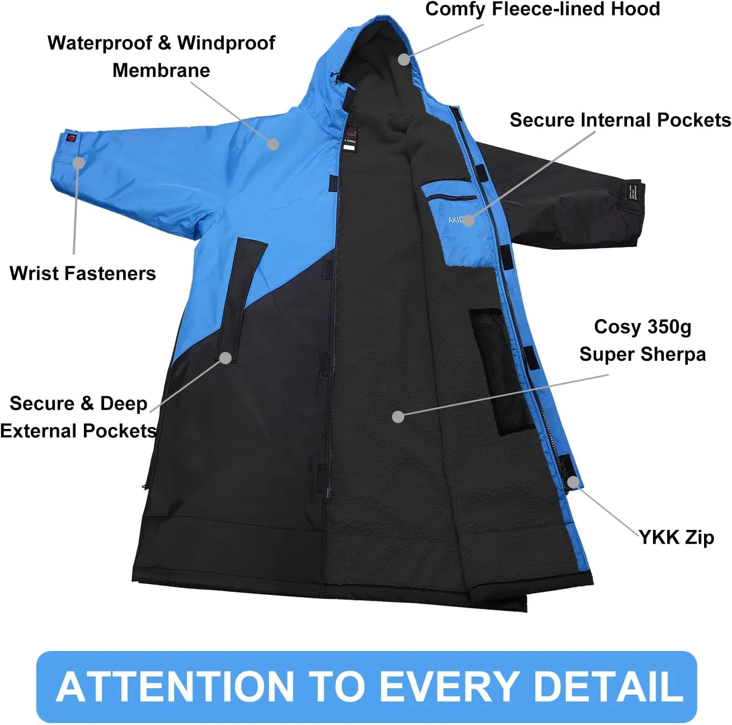 Akida Adult Oversized Changing Robe/Swim Parka,Waterproof Surf Poncho Warm Jacket,Quick Dry Wetsuit Changing Towel.