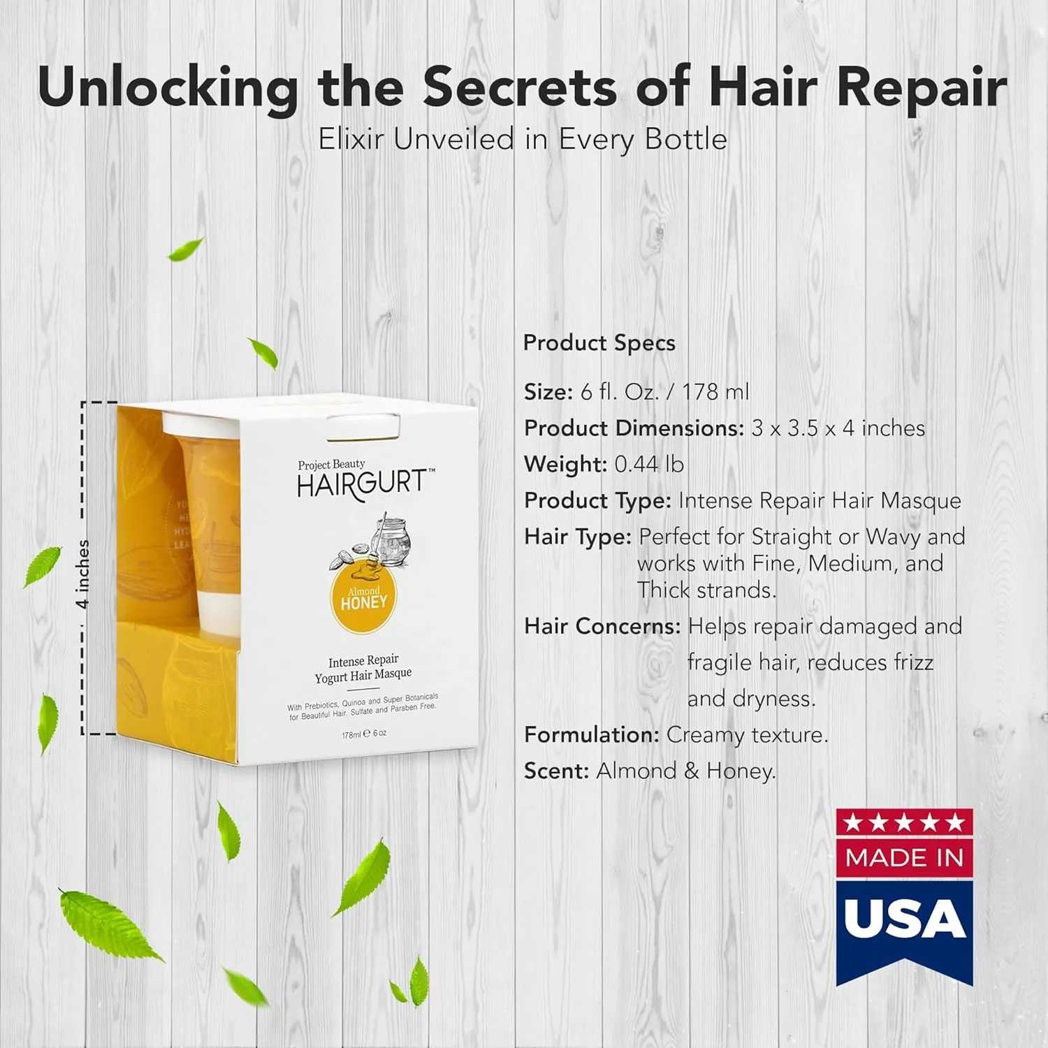 Almond Honey Intense Repair Yogurt Hair Mask – Deep Conditioner for Dry, Damaged Hair – Sulfate-Free, Natural Ingredients, 6 oz