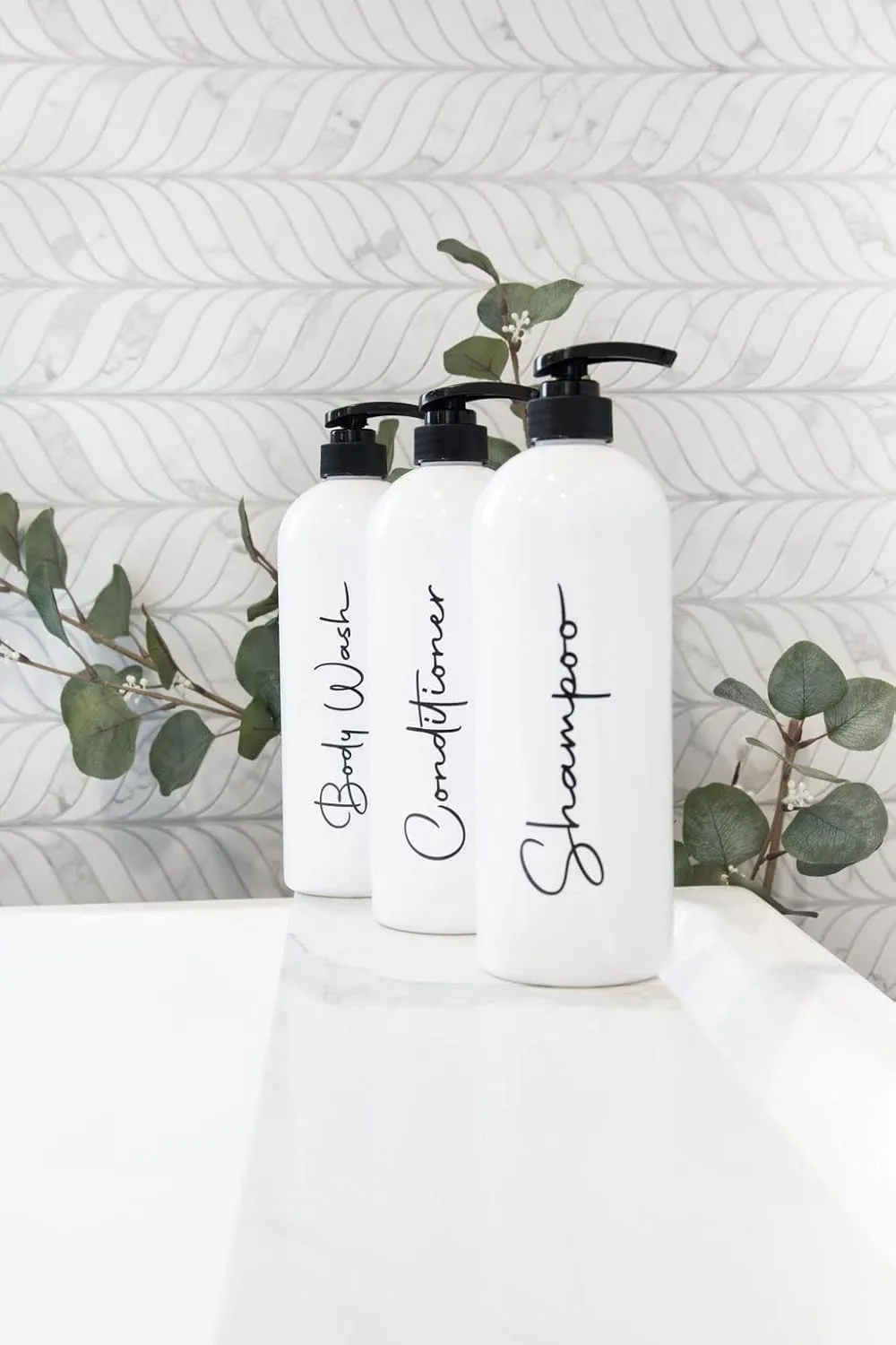 Alora 32oz Reusable Shampoo and Conditioner Bottles - Set of 3 - Easy to Read Labels - Pump Bottle Dispenser for Shampoo, Conditioner, Body Wash - Empty Plastic Refillable Containers for Shower