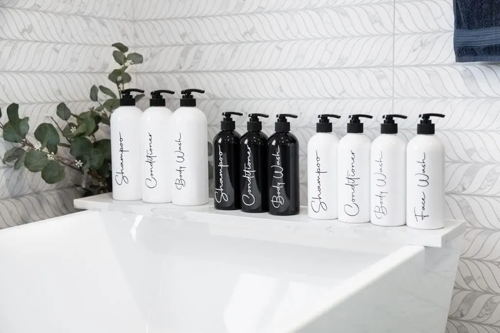 Alora 32oz Reusable Shampoo and Conditioner Bottles - Set of 3 - Easy to Read Labels - Pump Bottle Dispenser for Shampoo, Conditioner, Body Wash - Empty Plastic Refillable Containers for Shower