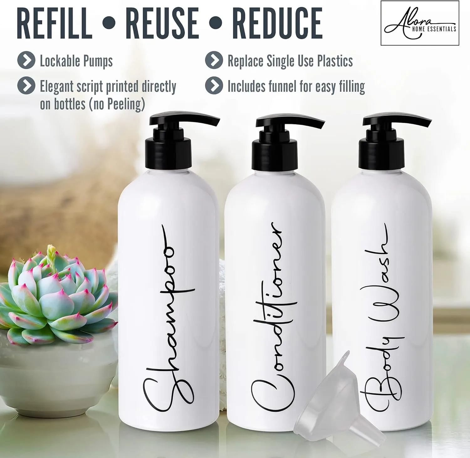 Alora 32oz Reusable Shampoo and Conditioner Bottles - Set of 3 - Easy to Read Labels - Pump Bottle Dispenser for Shampoo, Conditioner, Body Wash - Empty Plastic Refillable Containers for Shower
