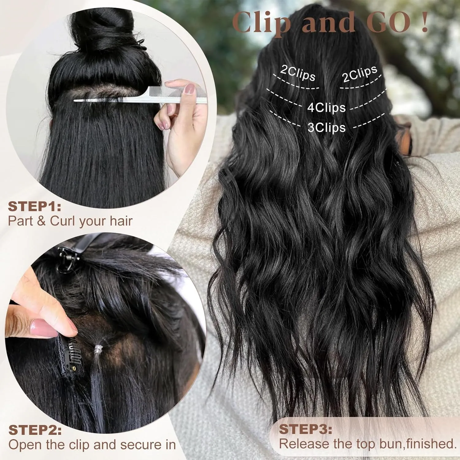 ALXNAN Clip in Long Wavy Synthetic Hair Extension 24 Inch Black 4PCS Thick Hairpieces Fiber Double Weft Hair for Women