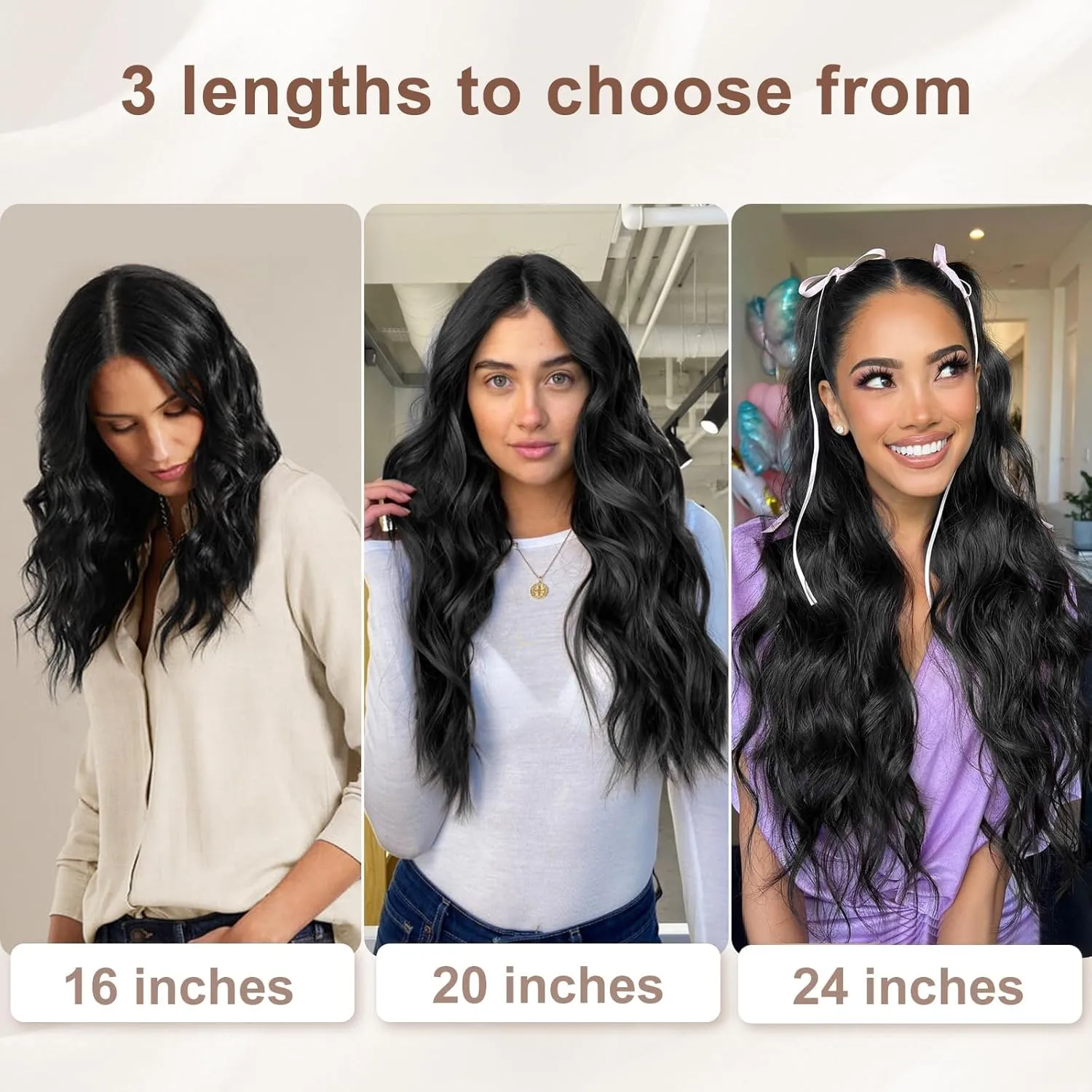 ALXNAN Clip in Long Wavy Synthetic Hair Extension 24 Inch Black 4PCS Thick Hairpieces Fiber Double Weft Hair for Women