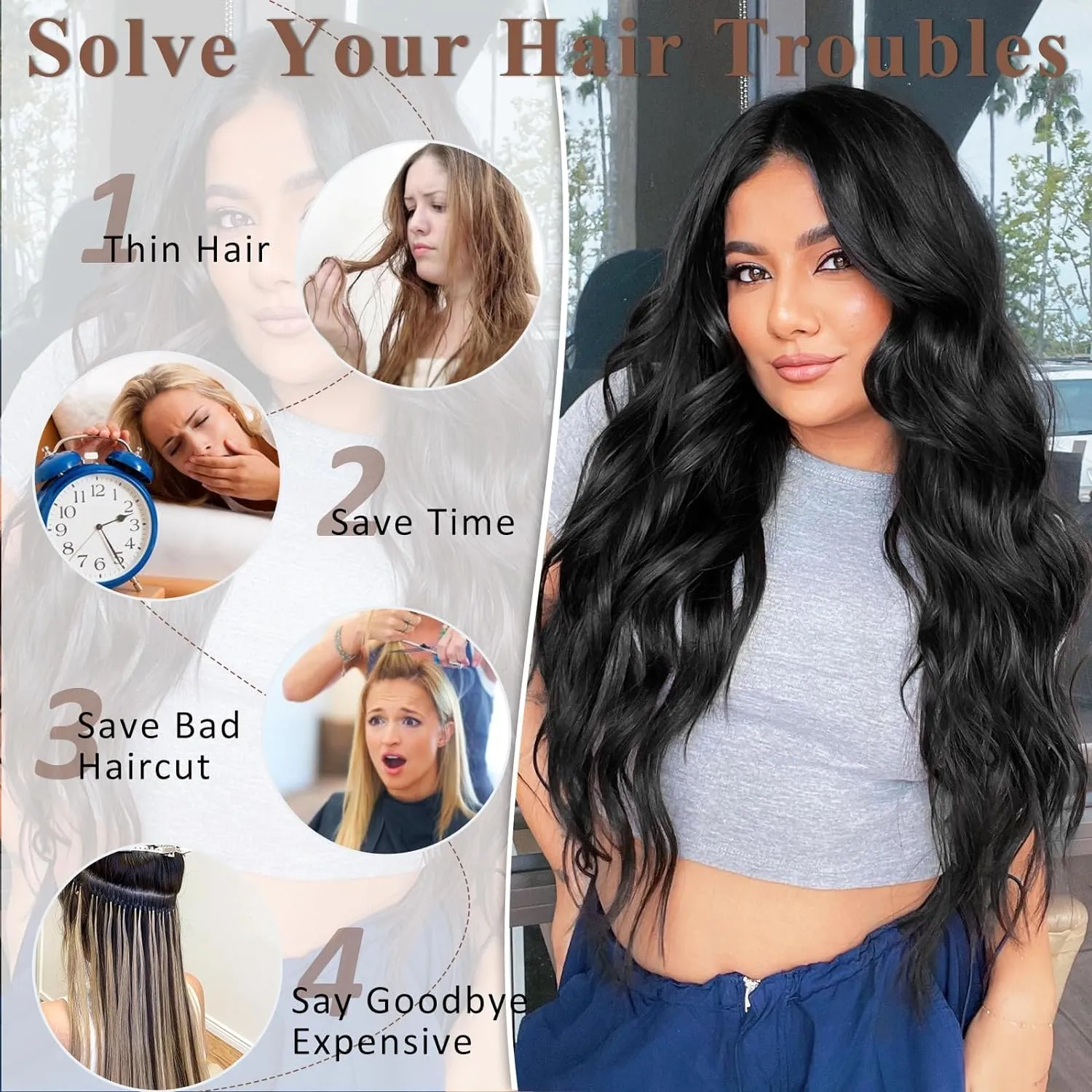 ALXNAN Clip in Long Wavy Synthetic Hair Extension 24 Inch Black 4PCS Thick Hairpieces Fiber Double Weft Hair for Women