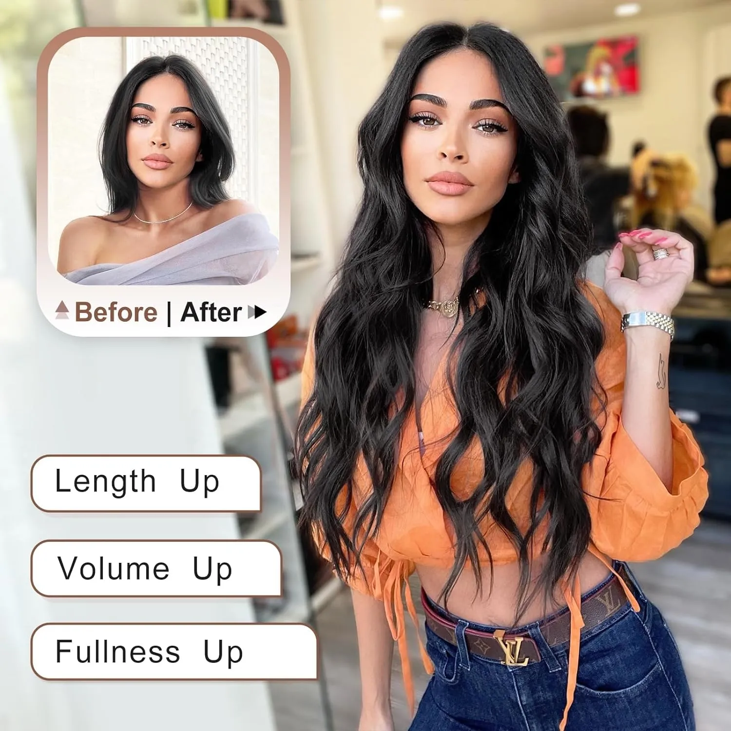 ALXNAN Clip in Long Wavy Synthetic Hair Extension 24 Inch Black 4PCS Thick Hairpieces Fiber Double Weft Hair for Women