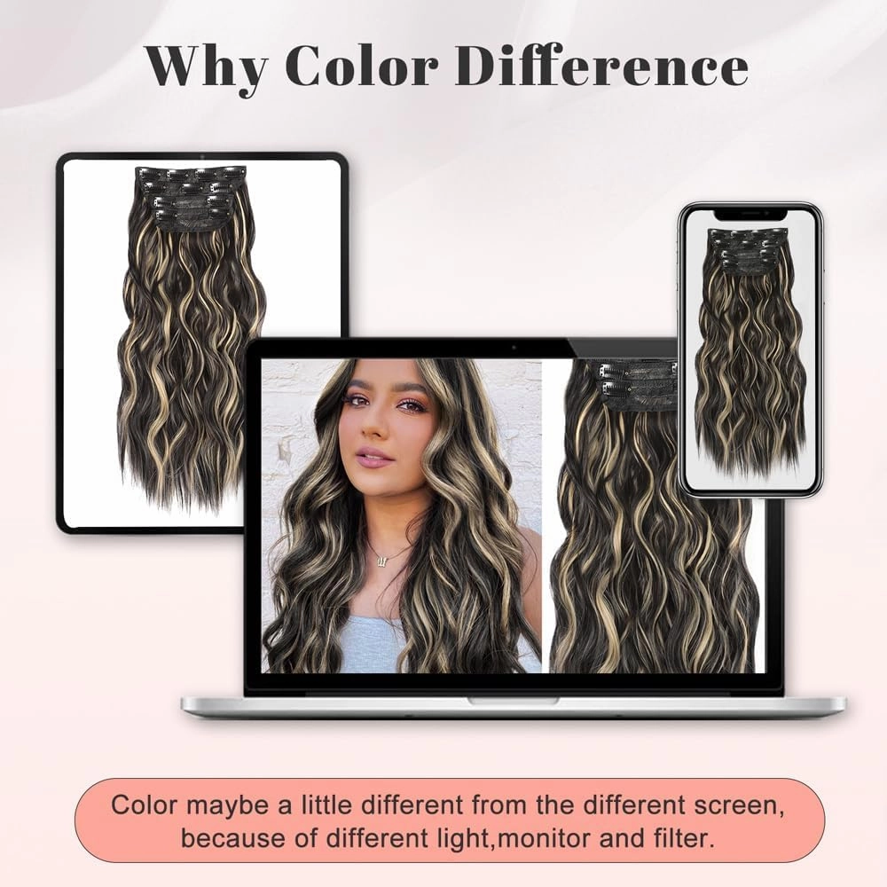 ALXNAN Clip in Hair Extensions for Women, Black Mix Blonde Long Wavy Hair Extensions Clip Ins 4PCS 20 Inch Synthetic Soft and Natural Thick Hair Pieces for Women