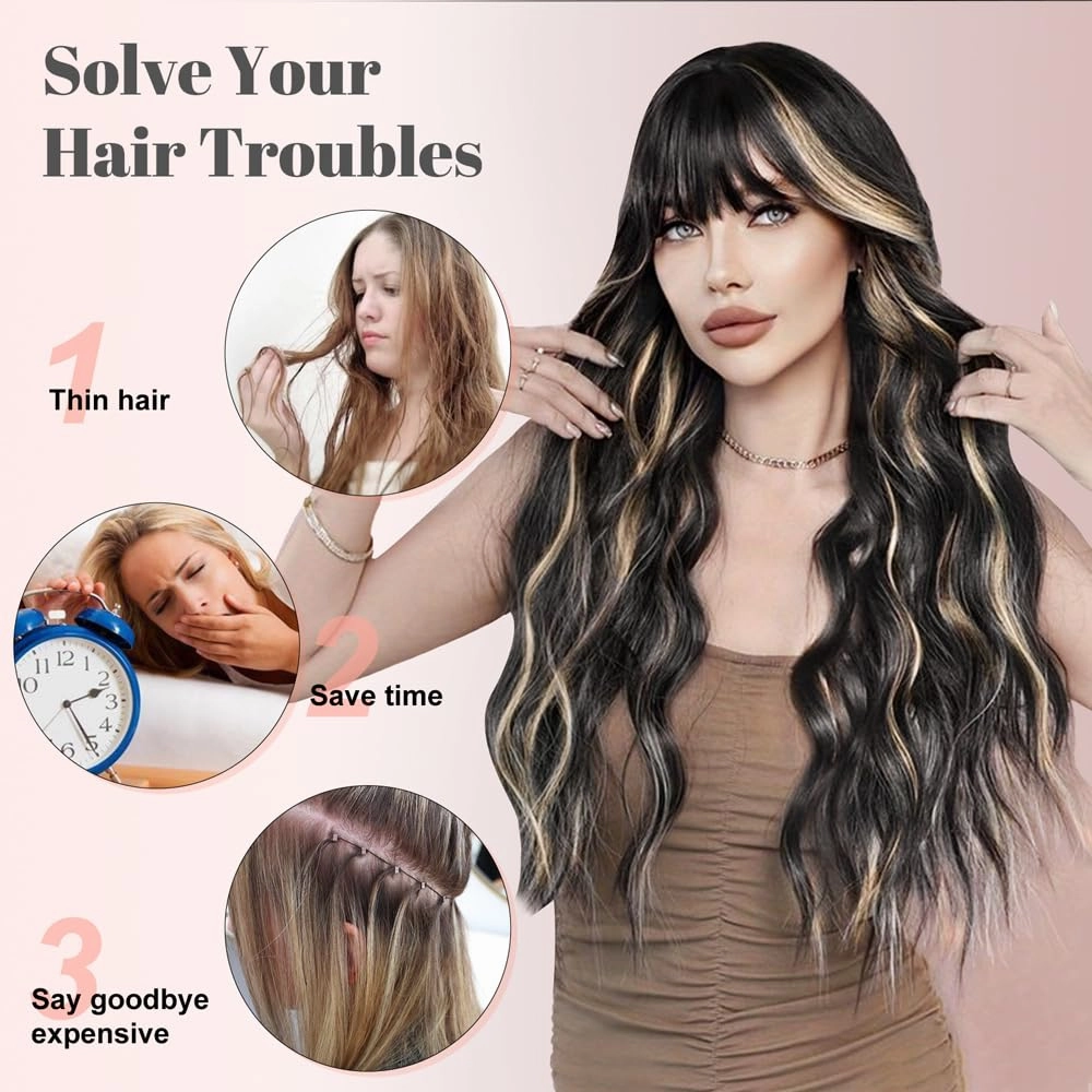 ALXNAN Clip in Hair Extensions for Women, Black Mix Blonde Long Wavy Hair Extensions Clip Ins 4PCS 20 Inch Synthetic Soft and Natural Thick Hair Pieces for Women