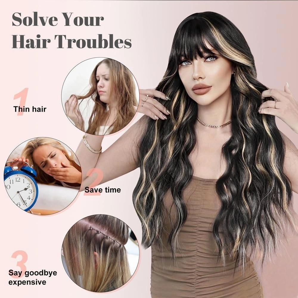 ALXNAN Clip in Hair Extensions for Women, Black Mix Blonde Long Wavy Hair Extensions Clip Ins 4PCS 20 Inch Synthetic Soft and Natural Thick Hair Pieces for Women