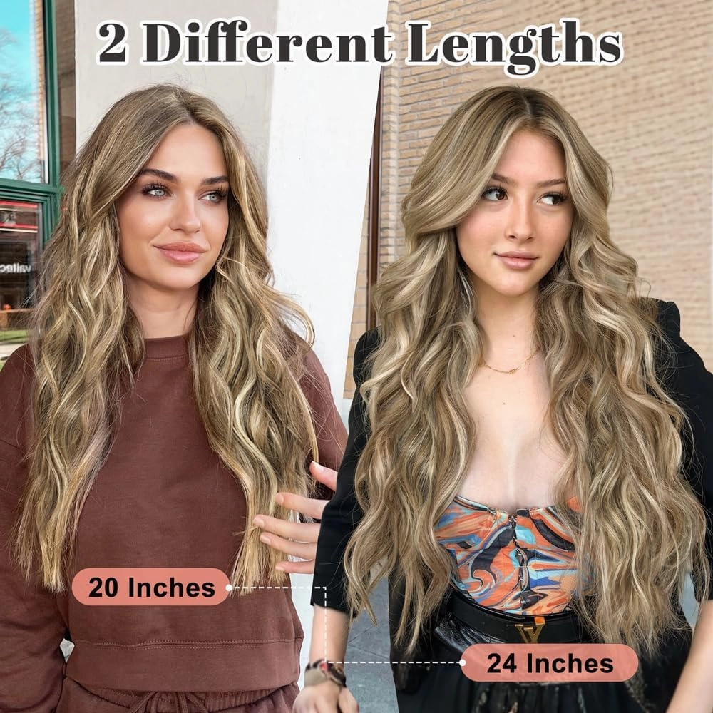 ALXNAN Clip in Long Wavy Synthetic Hair Extension 16 Inch Brown with Blonde Highlights 4PCS Thick Hairpieces Fiber Double Weft Hair for Women