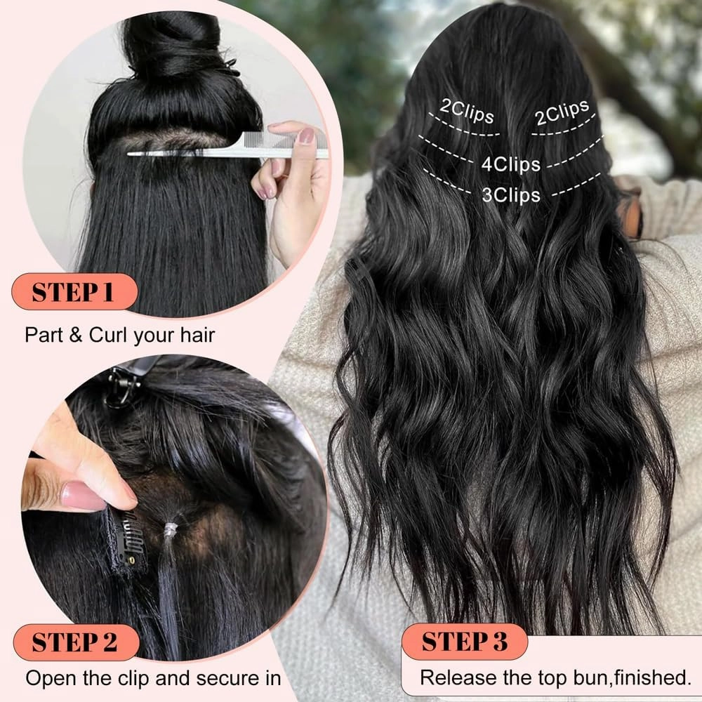 ALXNAN Clip in Long Wavy Synthetic Hair Extension 16 Inch Brown with Blonde Highlights 4PCS Thick Hairpieces Fiber Double Weft Hair for Women